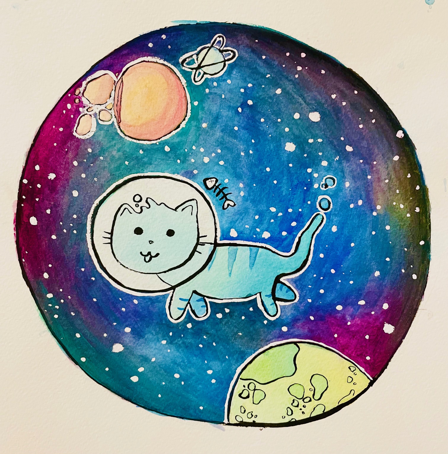 drawing of a cat in space