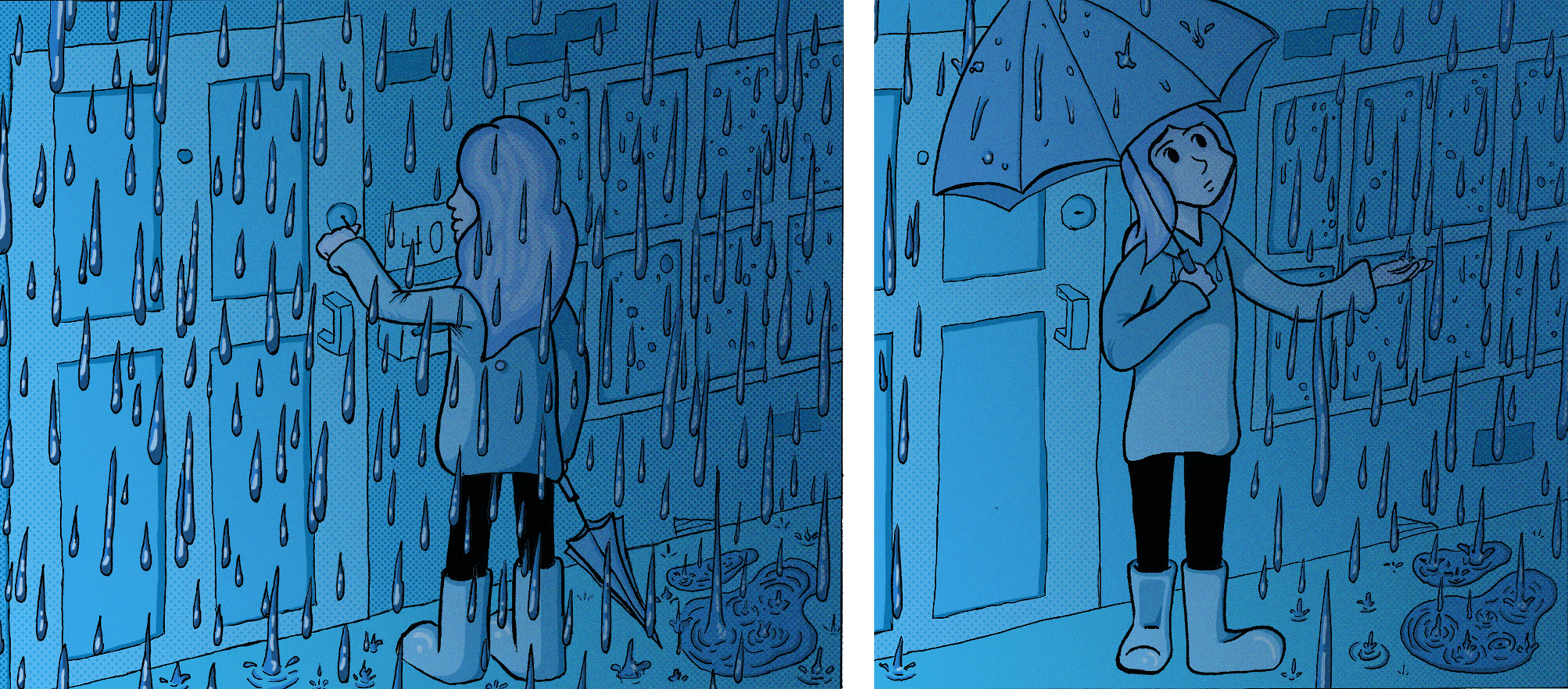 comic drawing of a girl in the rain